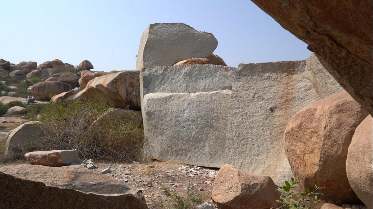 A boulder, just 20 metres away from one of the shelter paintings in Karadivatalu, has been illegally quarried away. DH Photo