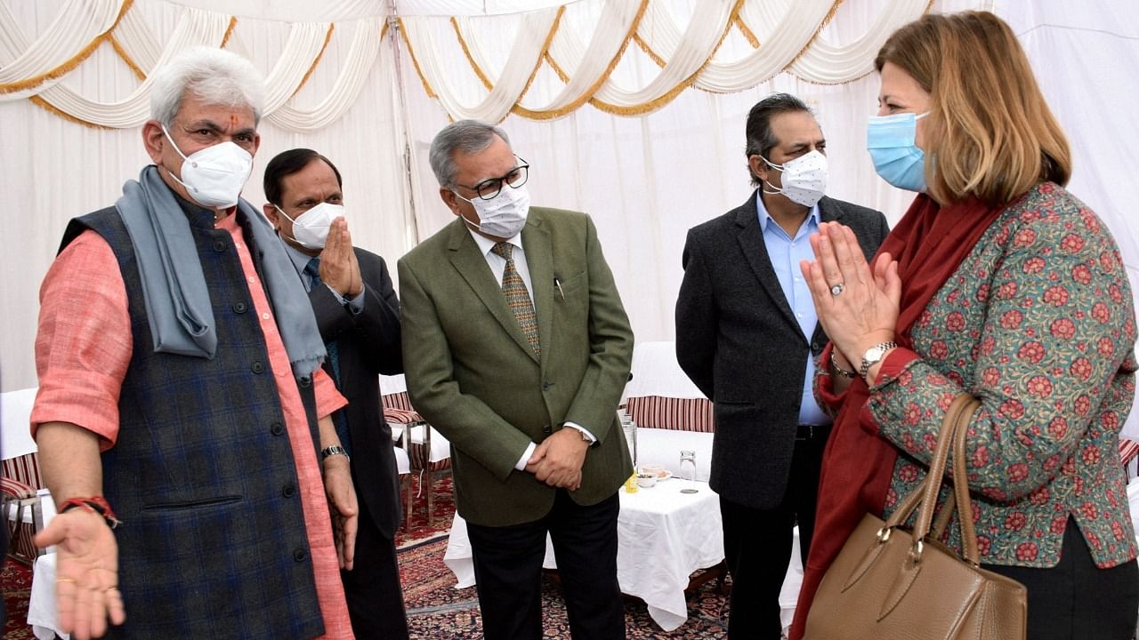 Lt Governor Manoj Sinha interacts with foreign envoys, who are on a two-day visit to Jammu and Kashmir, in Jammu, Thursday, February 18, 2021. Credit: PTI Photo