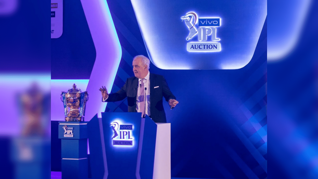 Auctioneer Hugh Meades during the 2021 Indian Premier League player auction held at the Hotel ITC Grand Chola in Chennai. Credit: iplt20.com