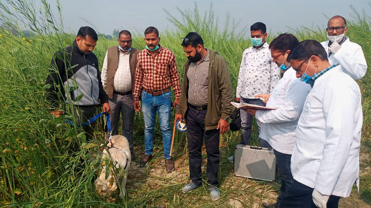 Officials investigate at the site where bodies of two minor Dalit girls were found in a field and another in critical condition on Wednesday evening, near Baburaha village in Unnao. Credit: PTI Photo