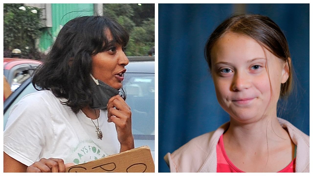 Greta Thunberg (R) expressed her support for Disha Ravi (L) on Twitter following her arrest by the Delhi Police over a toolkit on the farmers' protest that she allegedly edited. Credit: DH File Photo and AP/PTI File Photo