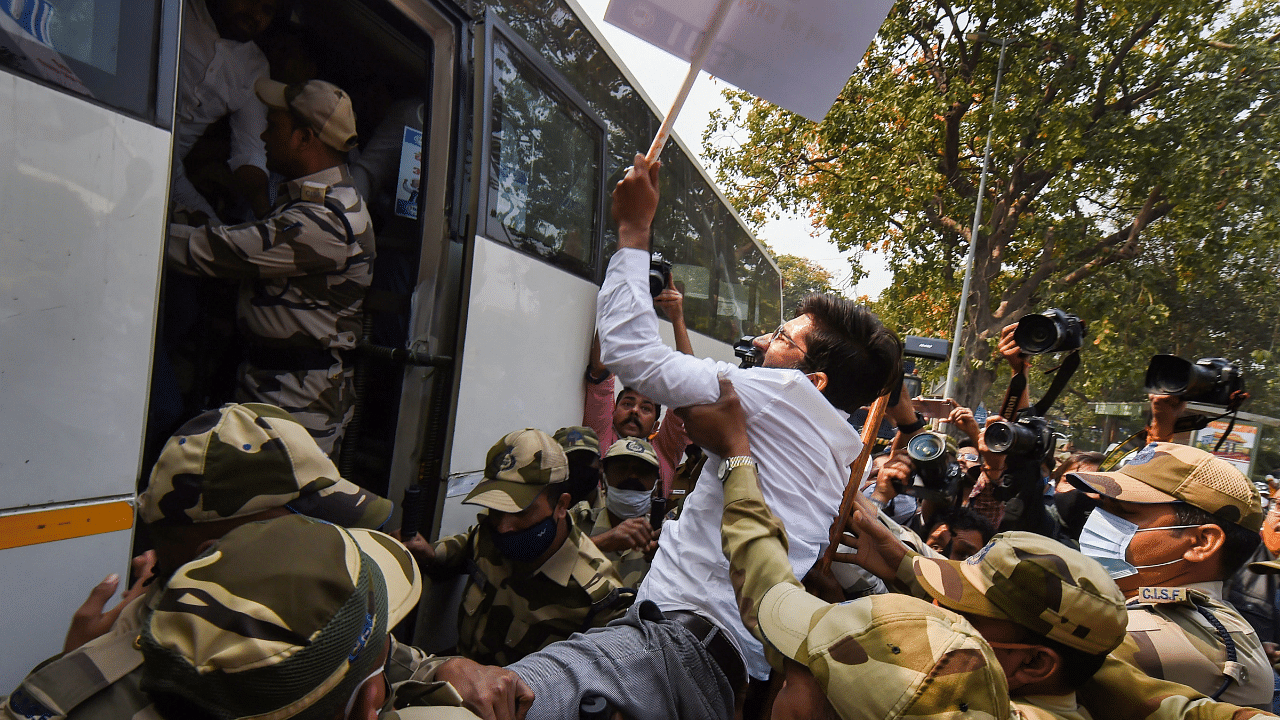 NSUI activists detained by police during their protest against the arrest of climate activist Disha Ravi. Credit: PTI Photo