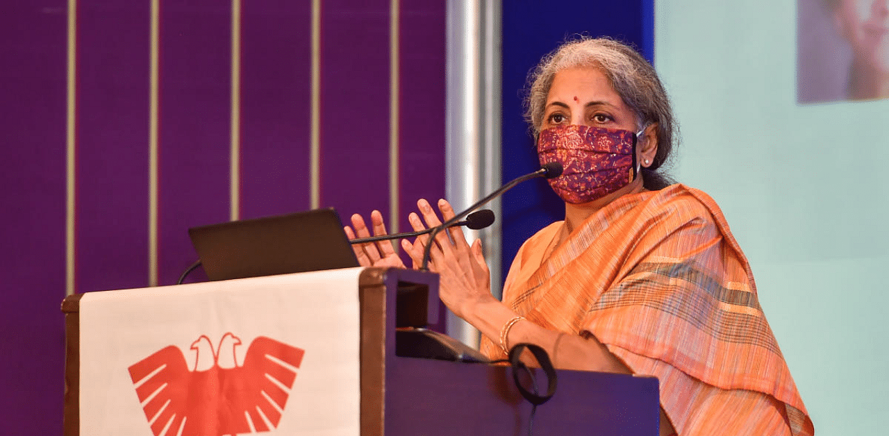 Union Finance Minister Nirmala Sitharaman speaks during a post-Budget interactive session with industry leaders, in Bengaluru. Credit: PTI Photo