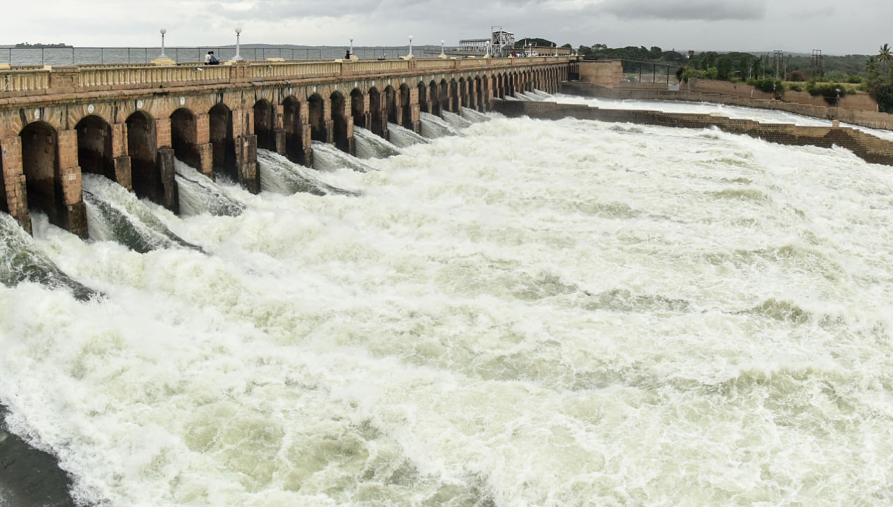 Water being released to River Cauvery from KRS, in Srirangapatna, Mandya District. Representative image/Credit: DH File Image/Savitha B R