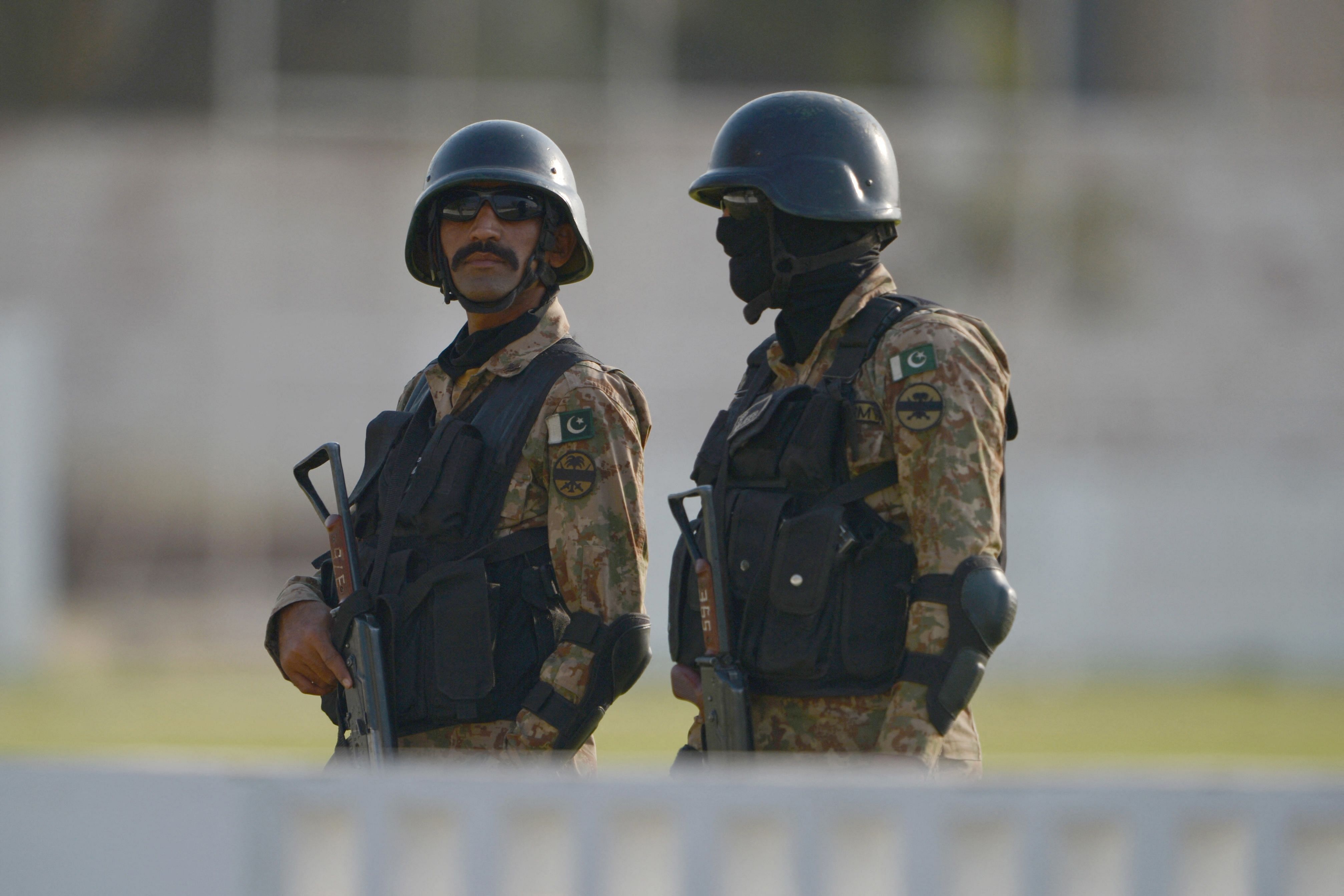Pakistan Army troops patrol outside the National Cricket Stadium in Karachi. Credit: AFP Photo