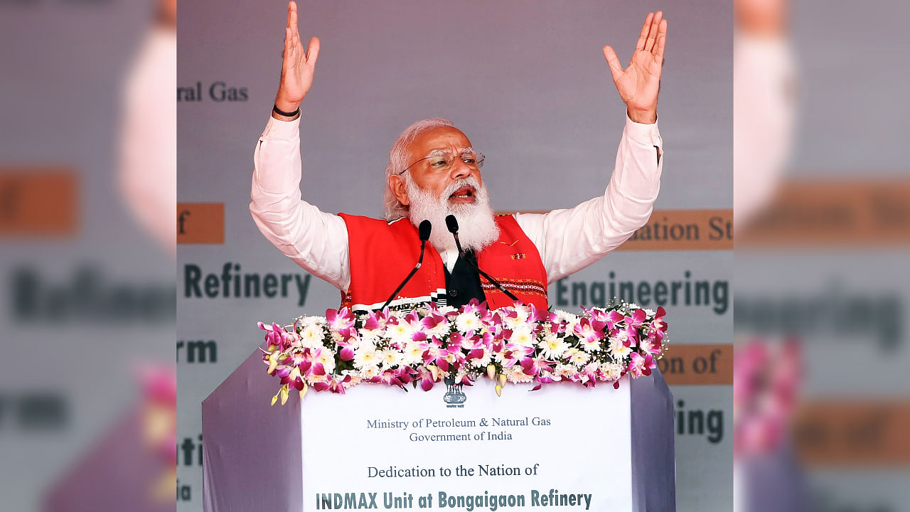 Prime Minister Narendra Modi addresses at the inauguration of the important Oil & Gas projects and Engineering Colleges, in Dhemaji, Monday, Feb. 22, 2021. Credit: PTI Photo