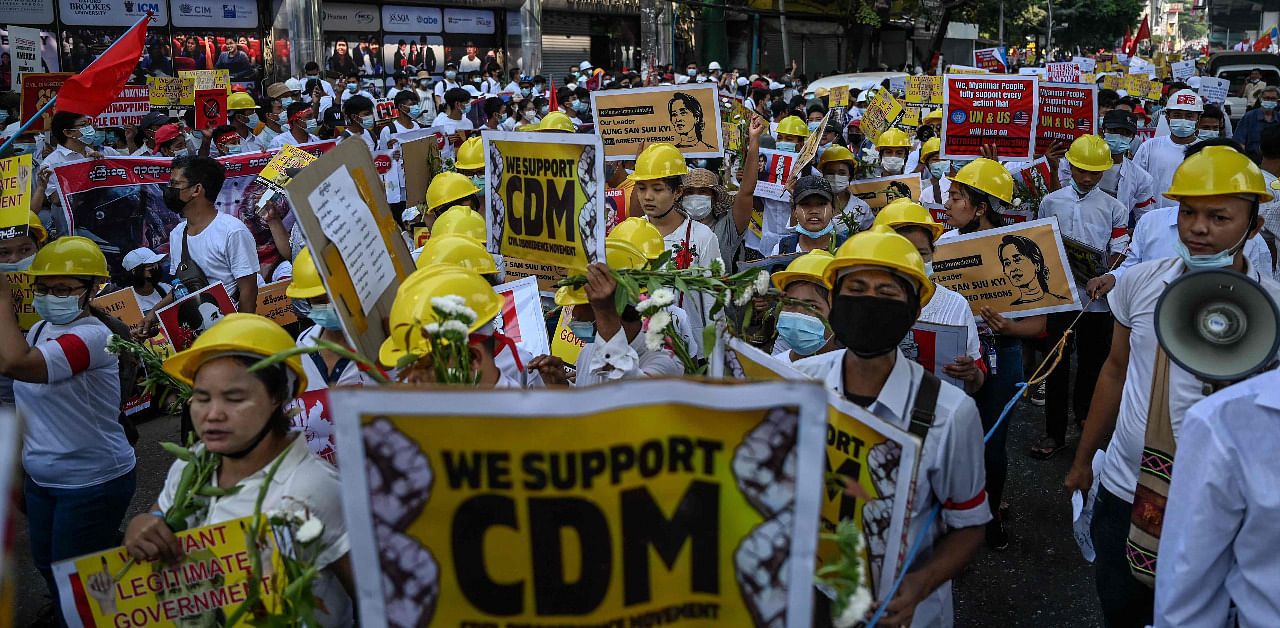 Protesters take part in a demonstration against the military coup in Yangon. Credit: AFP Photo