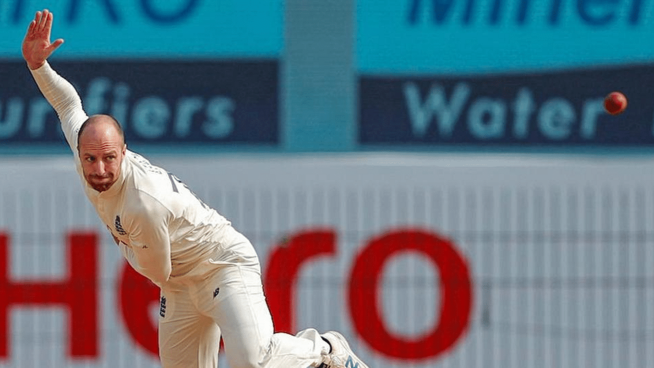 England's bowler Jack Leach in action during the 5th and final day of first cricket test match between India and England, at MA Chidambaram Stadium, in Chennai, Tueday, Feb. 9, 2021. Credit: PTI Photo