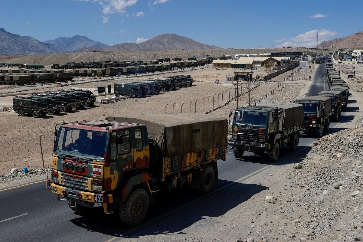 Military trucks carrying supplies move towards forward areas in the Ladakh region. Credit: Reuters File Photo