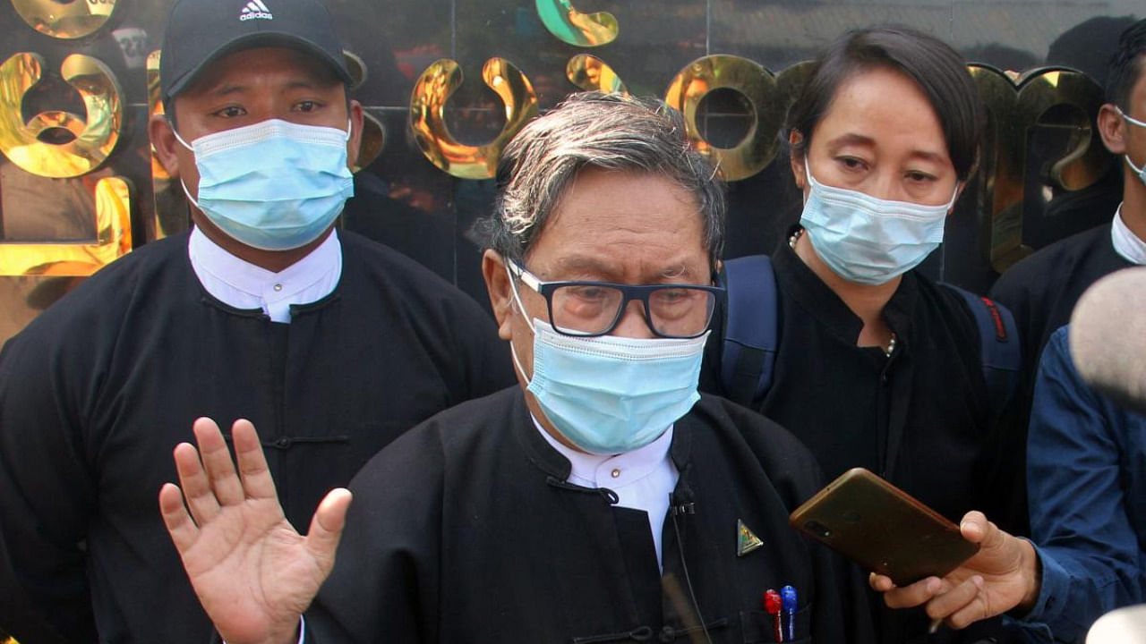   Khin Maung Zaw (C), a lawyer representing detained Myanmar civilian leader Aung San Suu Kyi and ousted president Win Myint, is pictured outside Zabuthiri Township Court in Naypyidaw on February 16, 2021. Credit: AFP file photo.