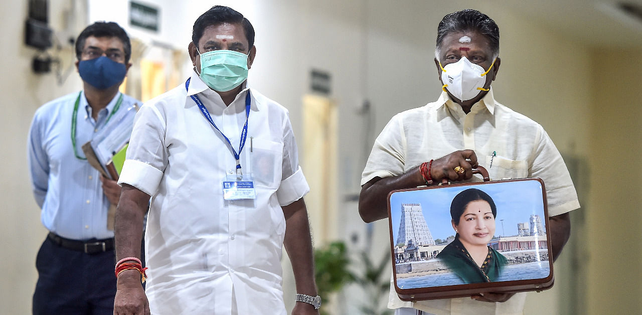 Tamil Nadu Chief Minister Edappadi K. Palaniswami (L) along with Deputy Chief Minister and Finance Minister O. Panneerselvam arrives to present the interim budget in the Assembly. Credit: PTI Photo