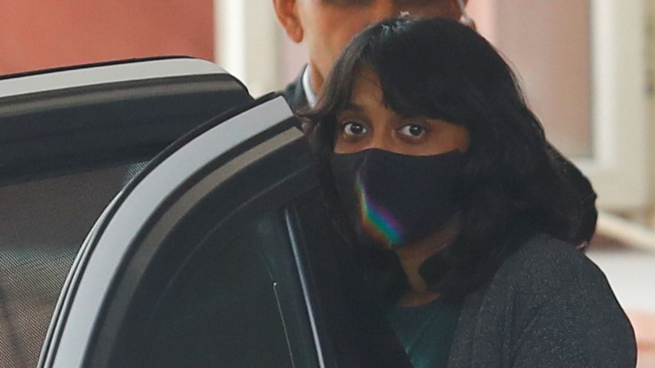 Disha Ravi, a 22-year-old climate activist, leaves after an investigation at National Cyber Forensic Lab, in New Delhi, India, February 23, 2021. Credit: Reuters Photo