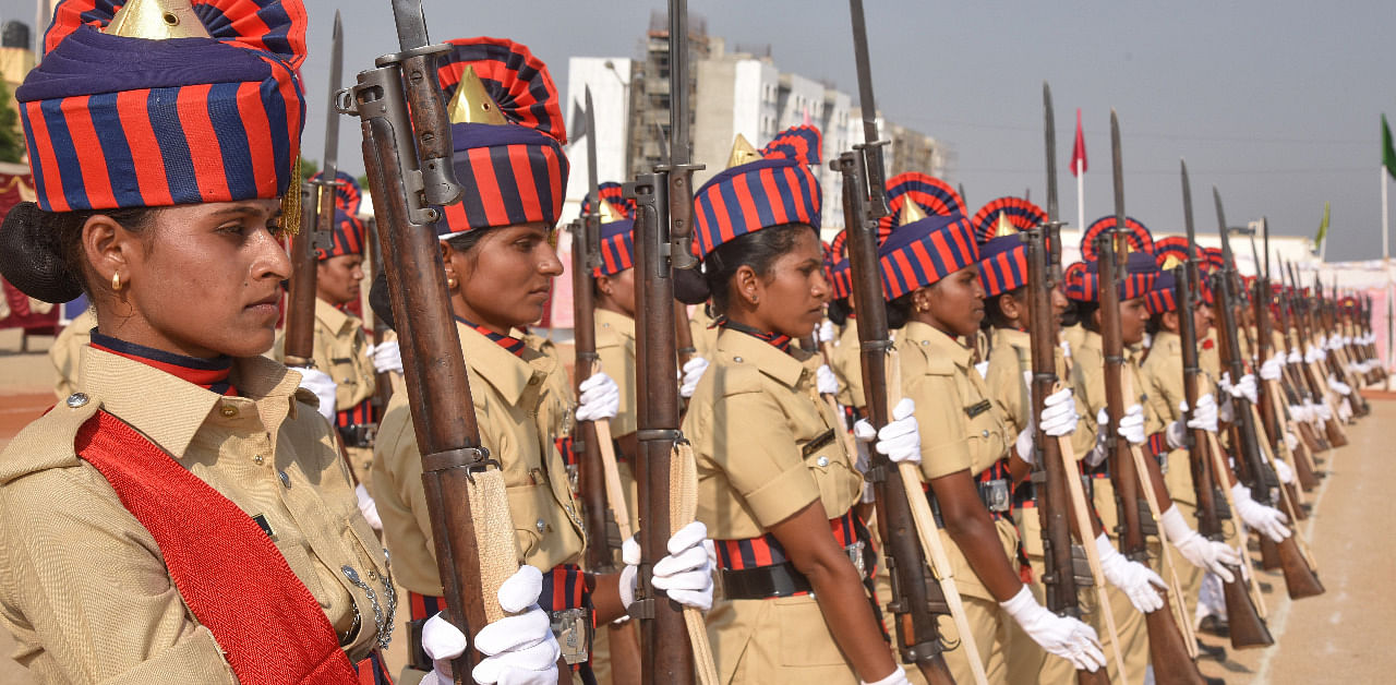 Women police constables on their passing out parade at Police Training School, Tanisandra. Credit: DH Photo/S K Dinesh