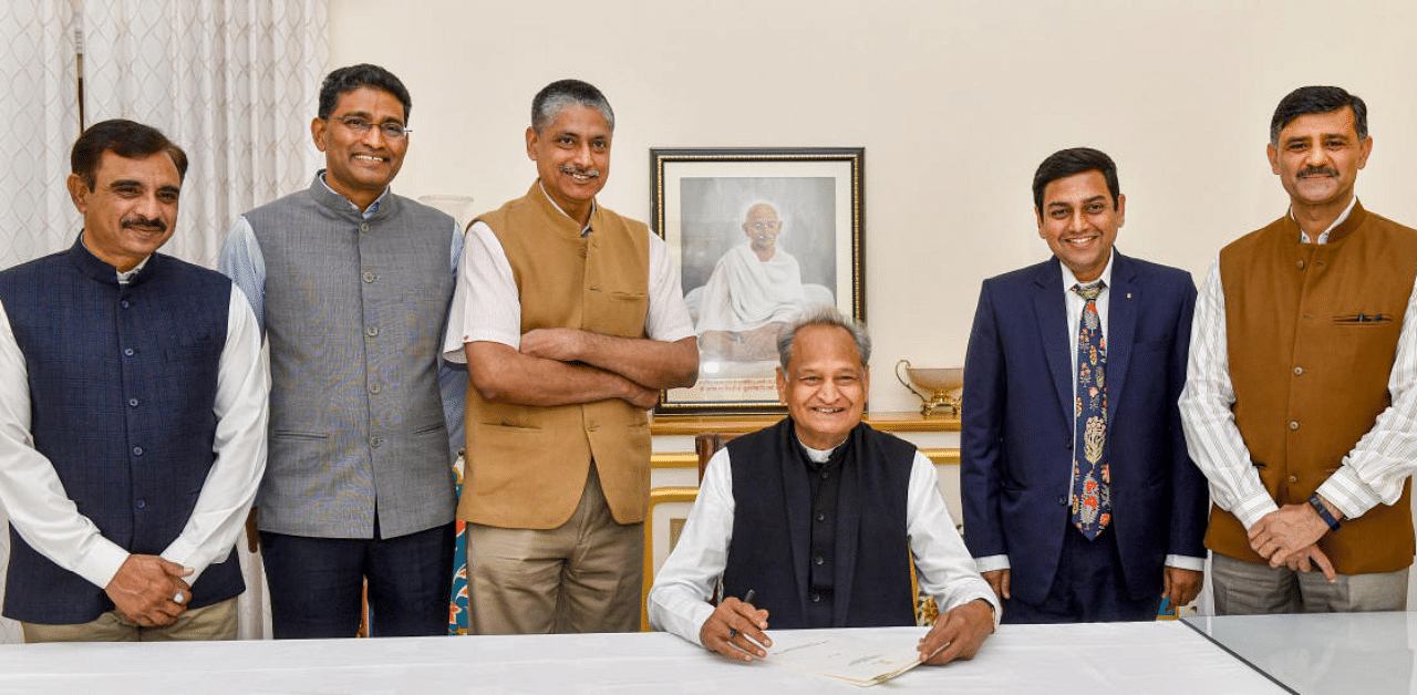 Chief Minister Ashok Gehlot finalizing the state budget for the financial year 2021-22. Credit: PTI Photo
