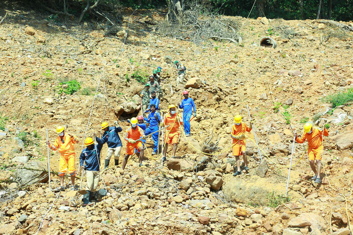 Rescue teams conduct a mock operation at Gajagiri hills in Talacauvery.