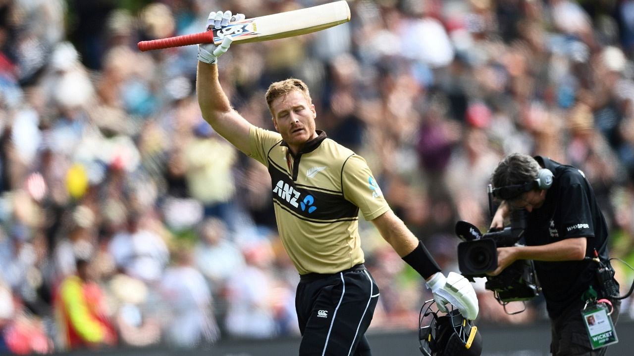 New Zealand batsman Martin Guptill waves tot the crowd as he leaves the field after he was dismissed for 97 runs during the second T20 cricket international between Australia and New Zealand at University Oval In Dunedin, New Zealand. Credit: AP/PTI Photo