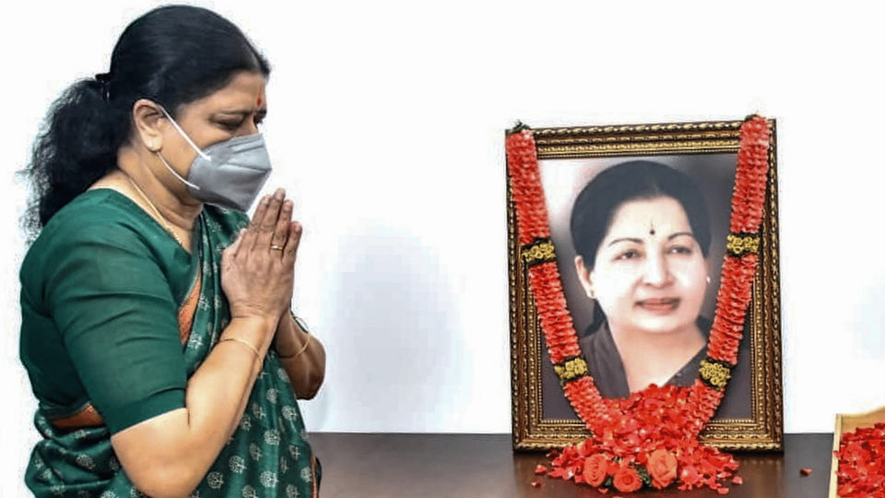  Expelled AIADMK leader VK Sasikala pays tribute to former TN CM Jayaram Jayalalithaa on her return, after serving a jail term in a disproportionate assets case, in Krishnagiri district, Monday, Feb. 8, 2021. Credit: PTI Photo
