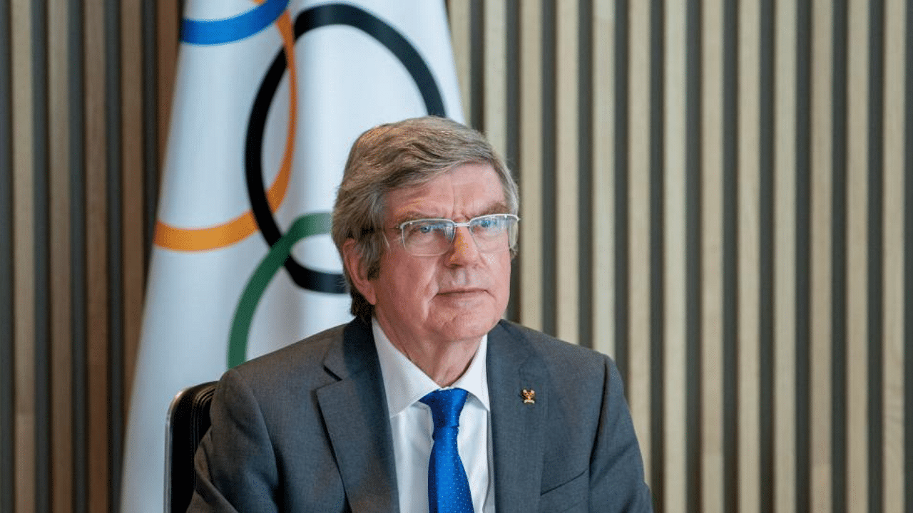 IOC president Thomas Bach attending an IOC Executive Board meeting in Lausanne. - The International Olympic Committee announced on February 24, 2021. Credit: AFP Photo