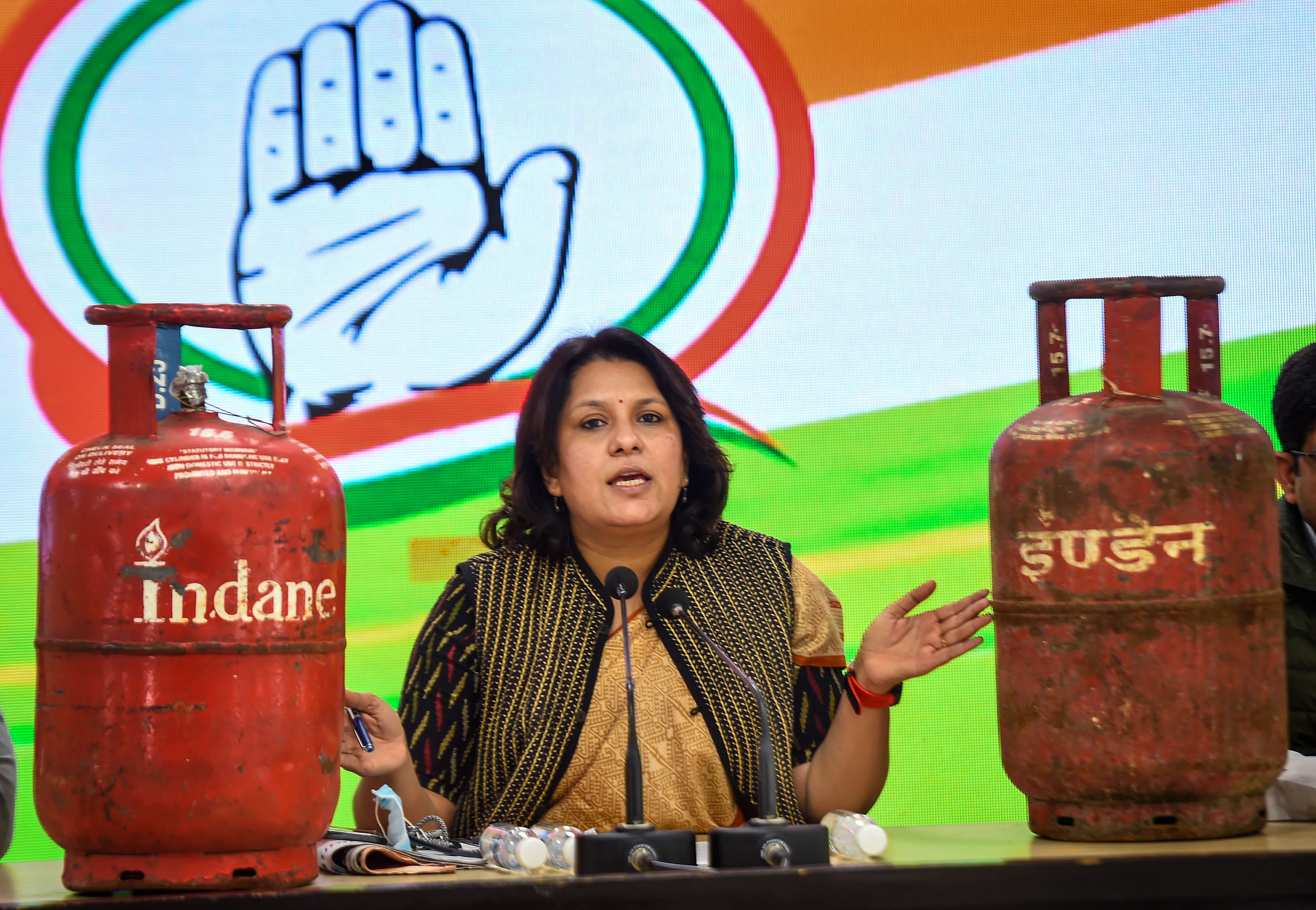 All India Congress Committee (AICC) Spokesperson Supriya Shrinate speaks during a press conference on rise in LPG price, in New Delhi, Monday, Feb. 15, 2021. Credit: PTI File Photo