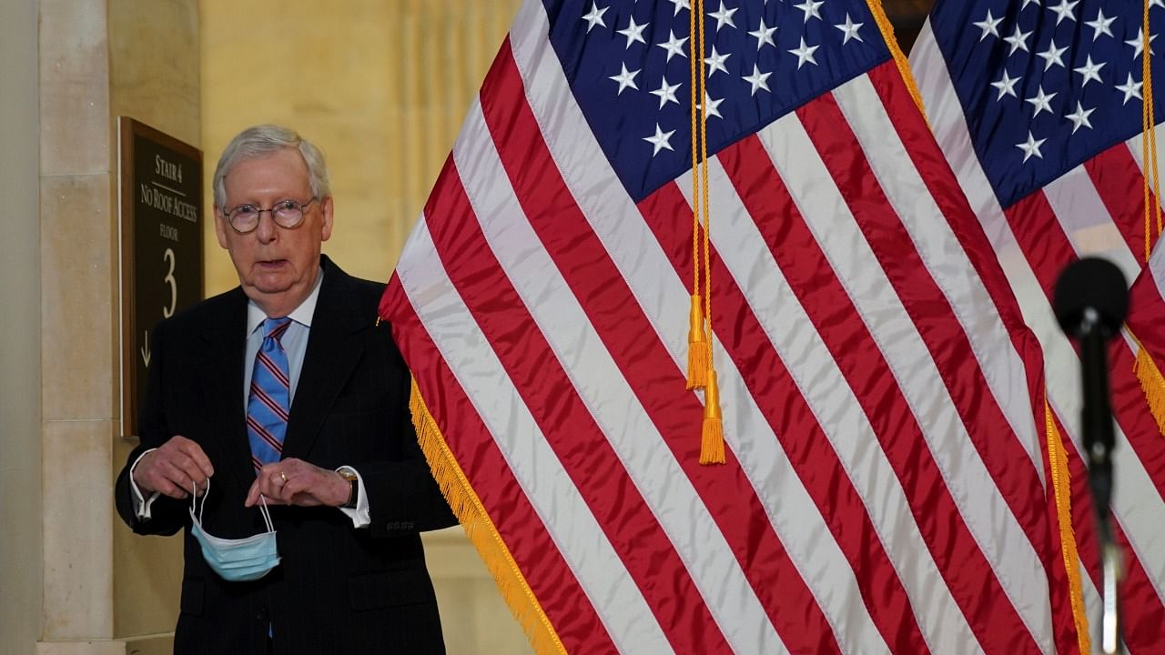 Senate Minority Leader Mitch McConnell emerges to speak to reporters after the Republican weekly policy lunch on Capitol Hill in Washington. Credit: Reuters Photo