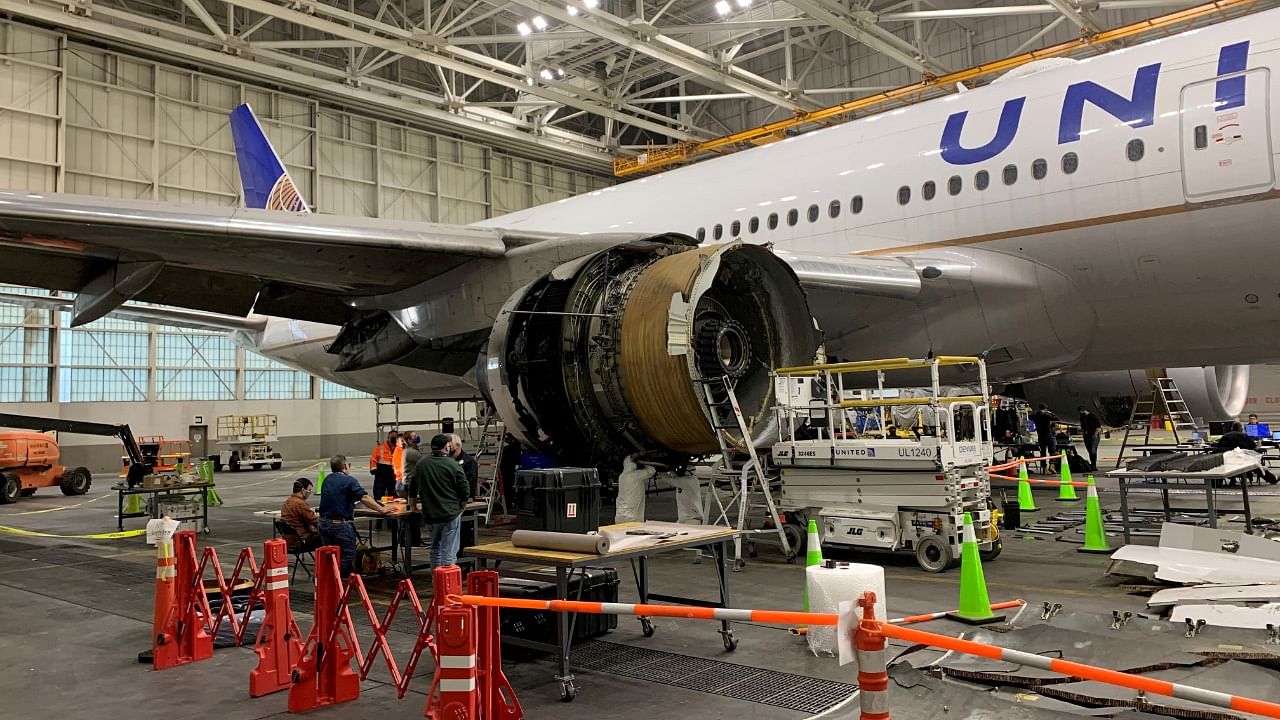 The damaged starboard engine of United Airlines flight 328, a Boeing 777-200, is seen following a February 20 engine failure incident, in a hangar at Denver International Airport in Denver, Colorado. Credit: Reuters File Photo