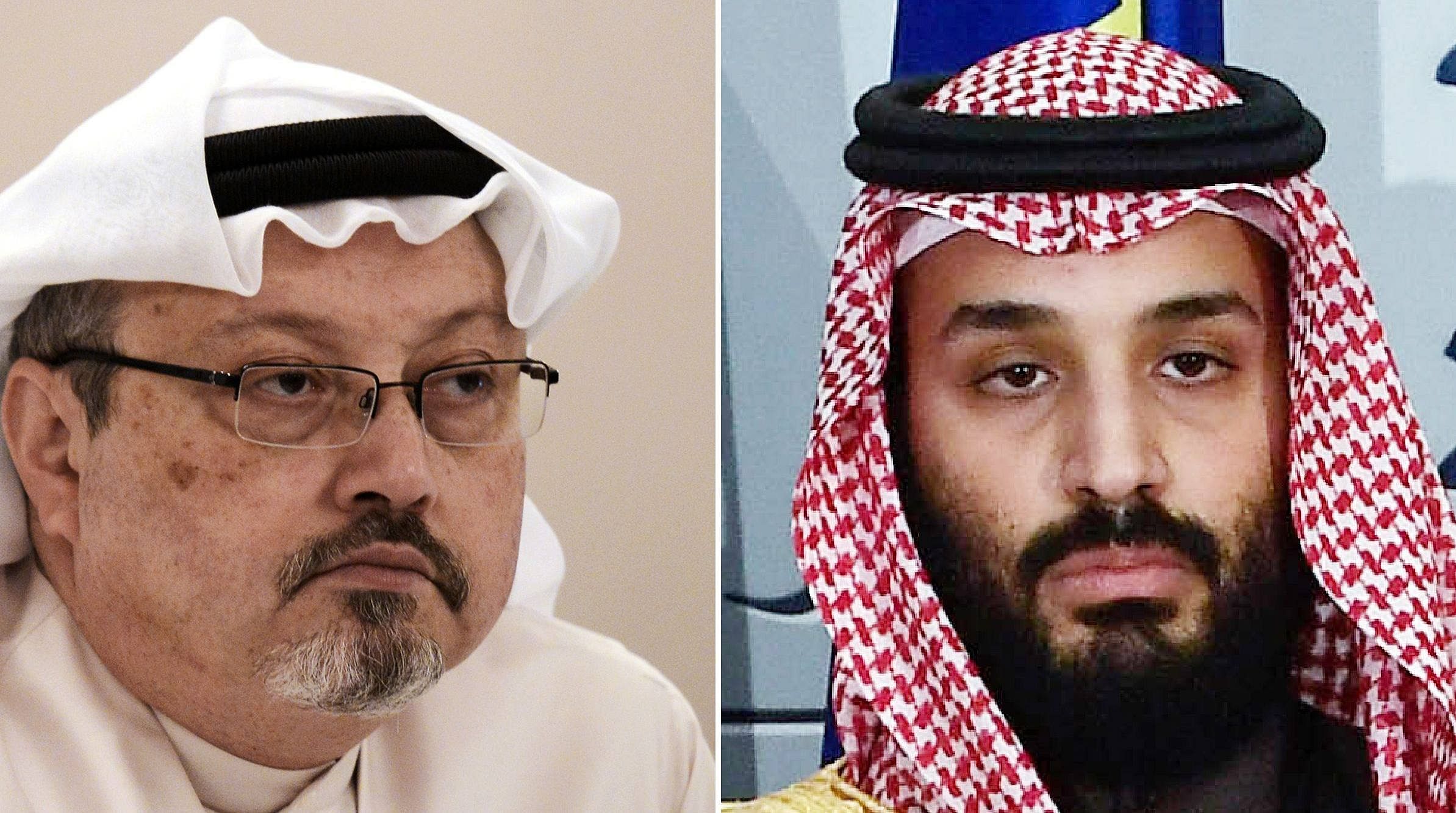 Saudi journalist Jamal Khashoggi (L) during a press conference in the Bahraini capital Manama and a file photo taken on of Saudi Arabia's crown prince Mohammed bin Salman. Credit: AFP