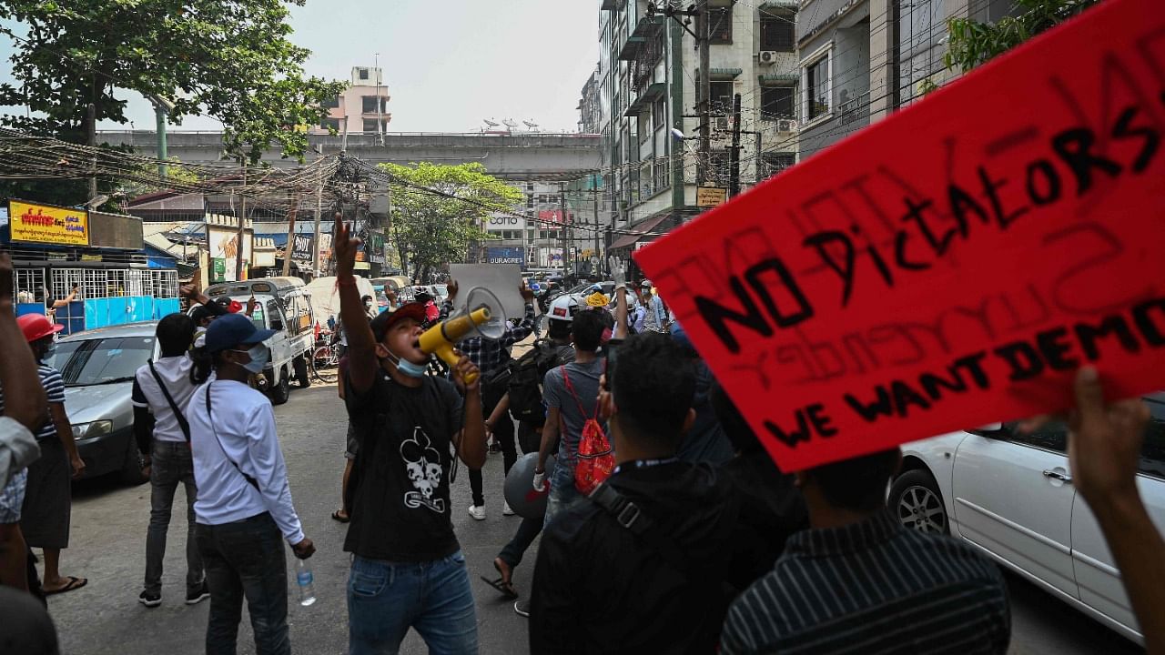 Protesters take part in a demonstration against the military coup in Yangon on February 26, 2021. Credit: AFP Photo