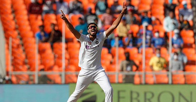 New spin hero Axar Patel took 11 wickets in two innings as India cruised to a 10 wicket victory. Credit: BCCI twitter. 