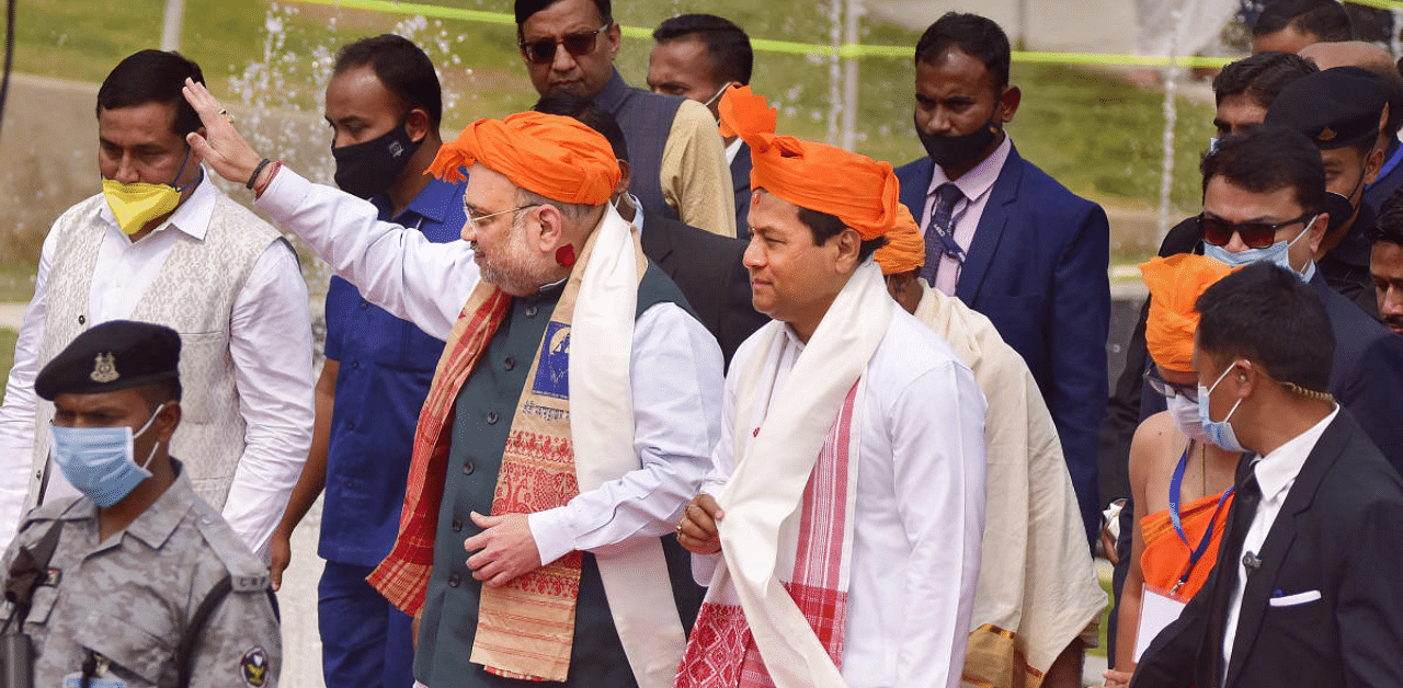 Union Home Minister Amit Shah visits Maha Mrityunjay Temple at Narasimha Kshetra near Puranigudam in Nagaon district of Assam. Credit: PTI Photo