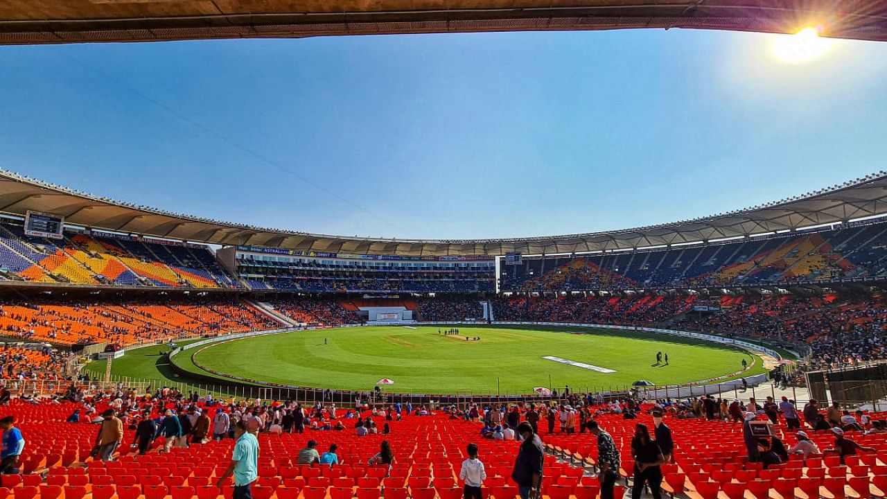 A general view of the newly named Narendra Modi Stadium on the first day of the 3rd cricket test match between India and England, in Ahmedabad. Credit: PTI.