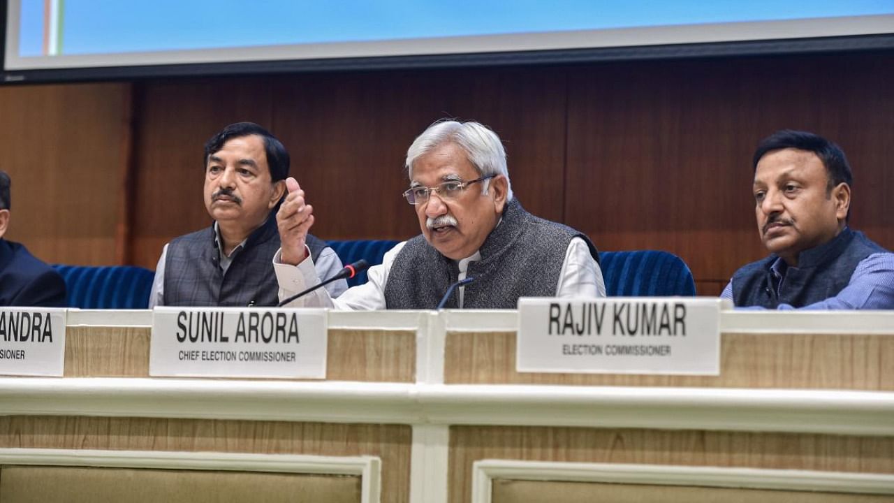 Chief Election Commissioner Sunil Arora (C) with Election Commissioners Sushil Chandra (L) and Rajiv Kumar addresses a press conference in New Delhi. Credit: PTI.