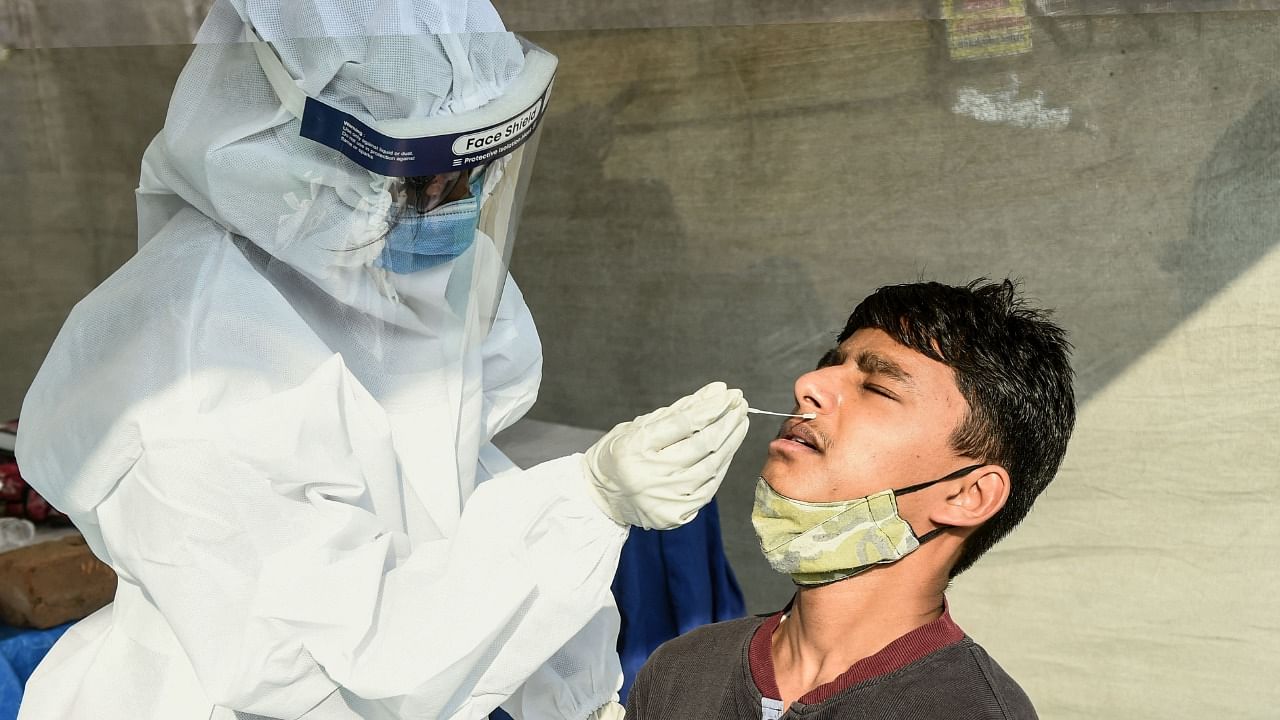 A health worker collects a swab sample from a youth to test for the Covid-19 coronavirus, in Ahmedabad on February 22, 2021. Credit: AFP File Photo