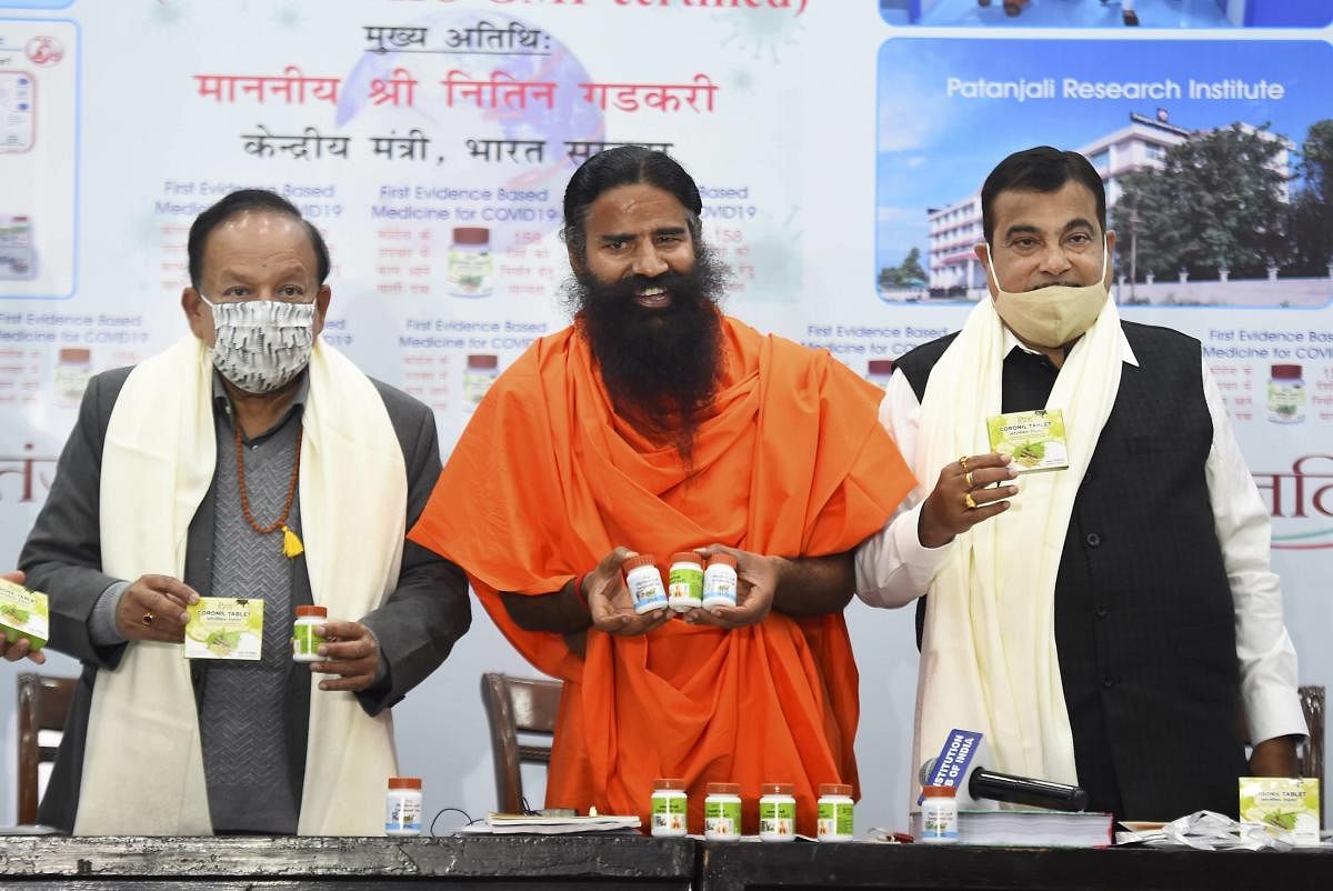New Delhi: Baba Ramdev releases evidence based Patanjali medicine for COVID-19, in the presence of Union Ministers Nitin Gadkari and Dr. Harsh Vardhan, during a press conference in New Delhi, Friday, Feb. 19, 2021. Credit: PTI Photo