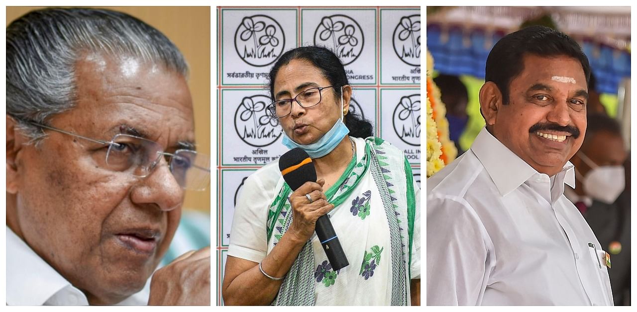 Kerala CM Pinarayi Vijayan (L), West Bengal CM Mamata Banerjee and Tamil Nadu CM Edappadi K Palaniswami. Credit: DH Collage
