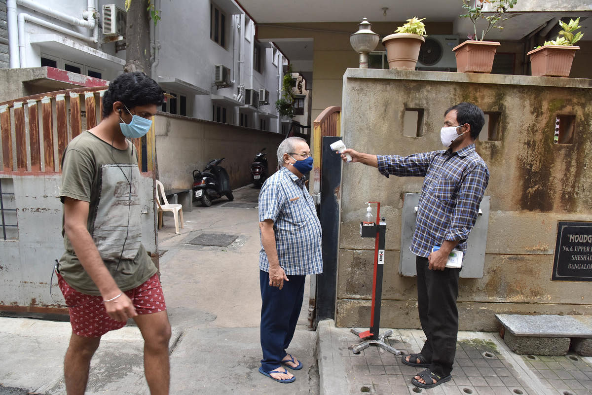 Covid-19 safety measurements at Apartment at Sesadripura in Bengaluru. Credit: DH Photo/Janardhan B K