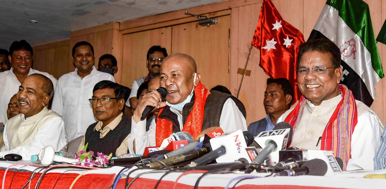 Bodoland People’s Front (BPF) President Hagrama Mahilary and APCC President Ripun Bora during a joint press conference after declaring their alliance, ahead of the Assam assembly elections. Credit: PTI Photo