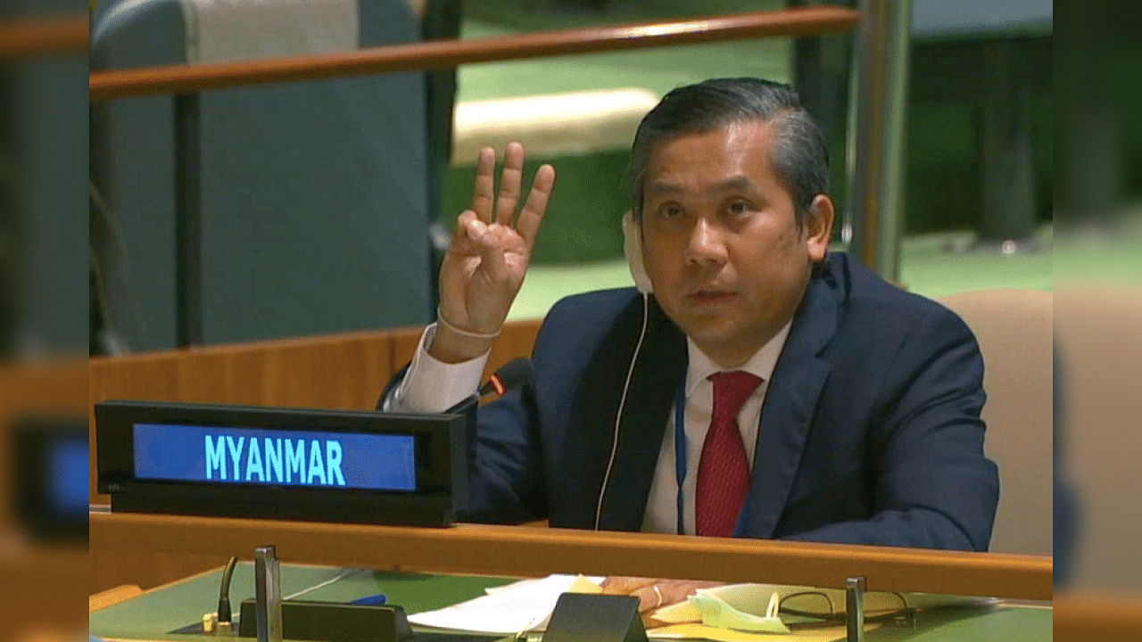 Myanmar's former ambassador to the United Nations Kyaw Moe Tun holds up three fingers at the end of his speech to the General Assembly where he pleaded for International action in overturning the military coup in his country as seen in this still image taken from a video, in the Manhattan borough of New York City, New York, U.S., February 26, 2021. Credit: Reuters Photo