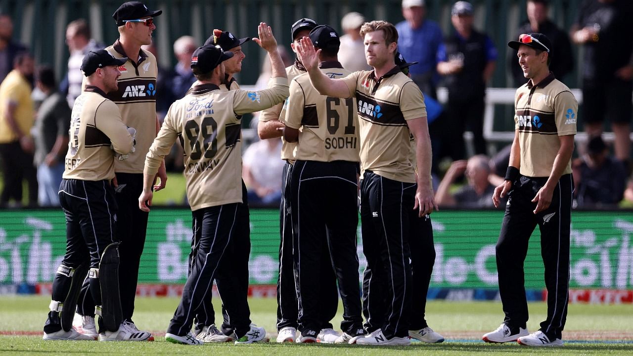 New Zealand players celebrate catching Australia's Daniel Sams during the 2nd cricket T20 match between New Zealand and Australia at University Oval in Dunedin on February 25, 2021. Credit: AFP Photo