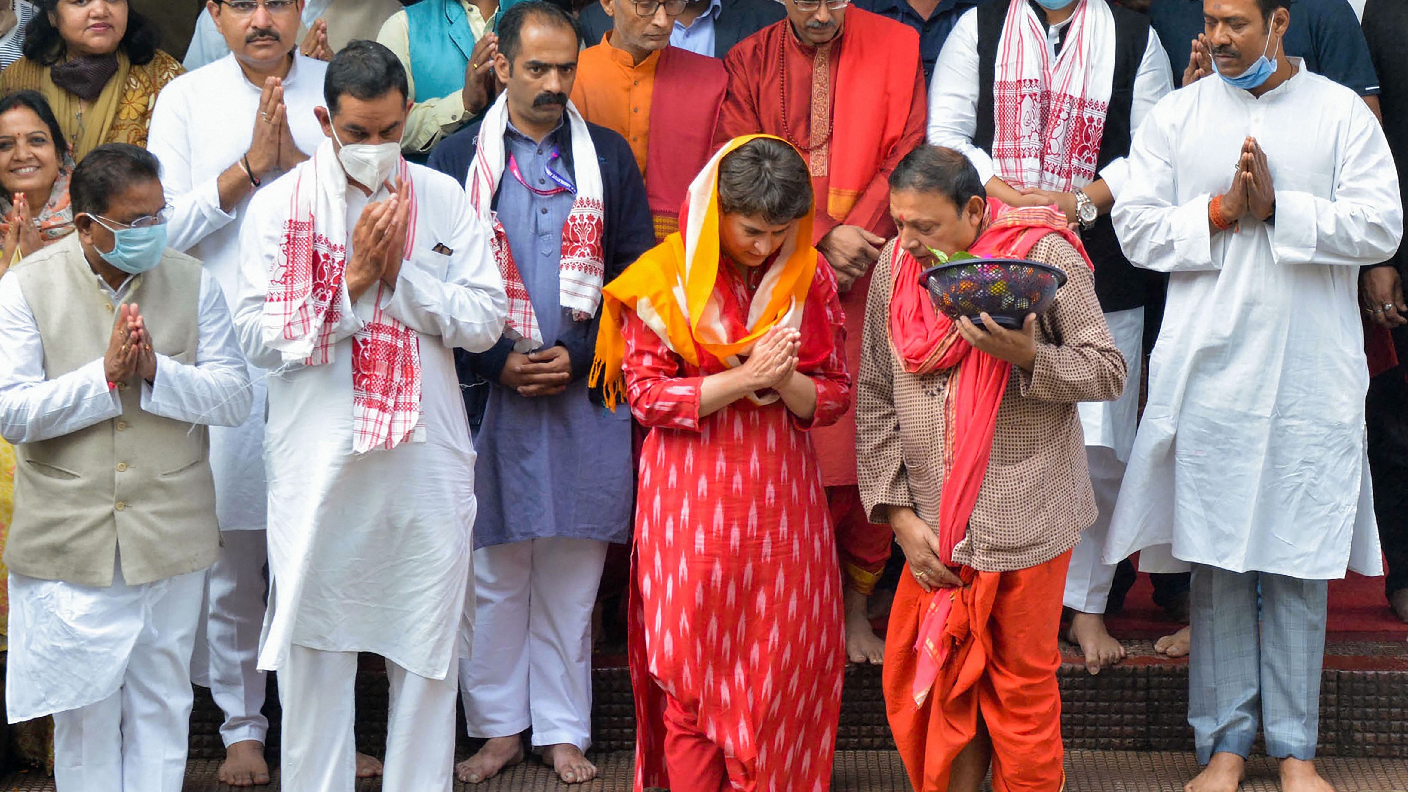 Priyanka is on a two-day visit to Assam as part of Congress's camapaign for the three-phase Assembly elections starting March 27 till April 6. Gandhi visited Kamakhya temple in Guwahati on Monday morning before visiting Lakhimpur. Credit: PTI