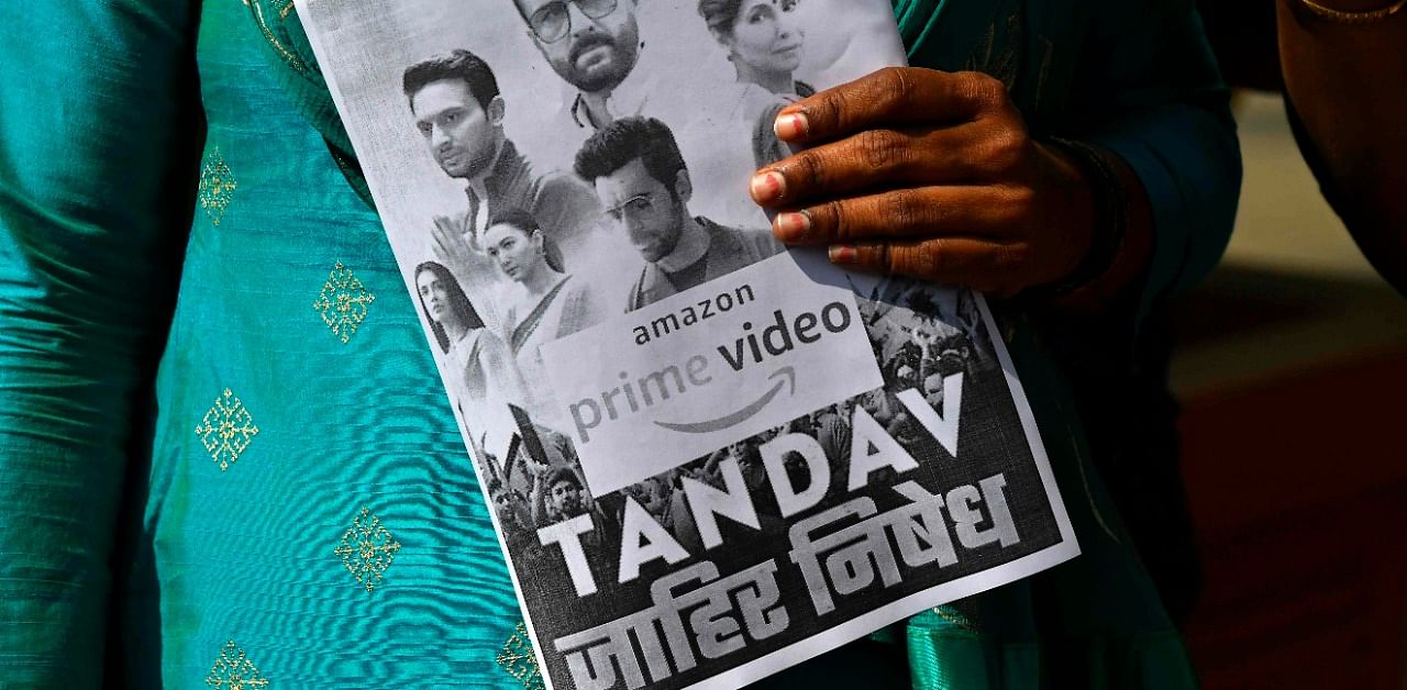 BJP workers stage a protest against Amazon Prime over its web series Tandav. Credit: AFP Photo