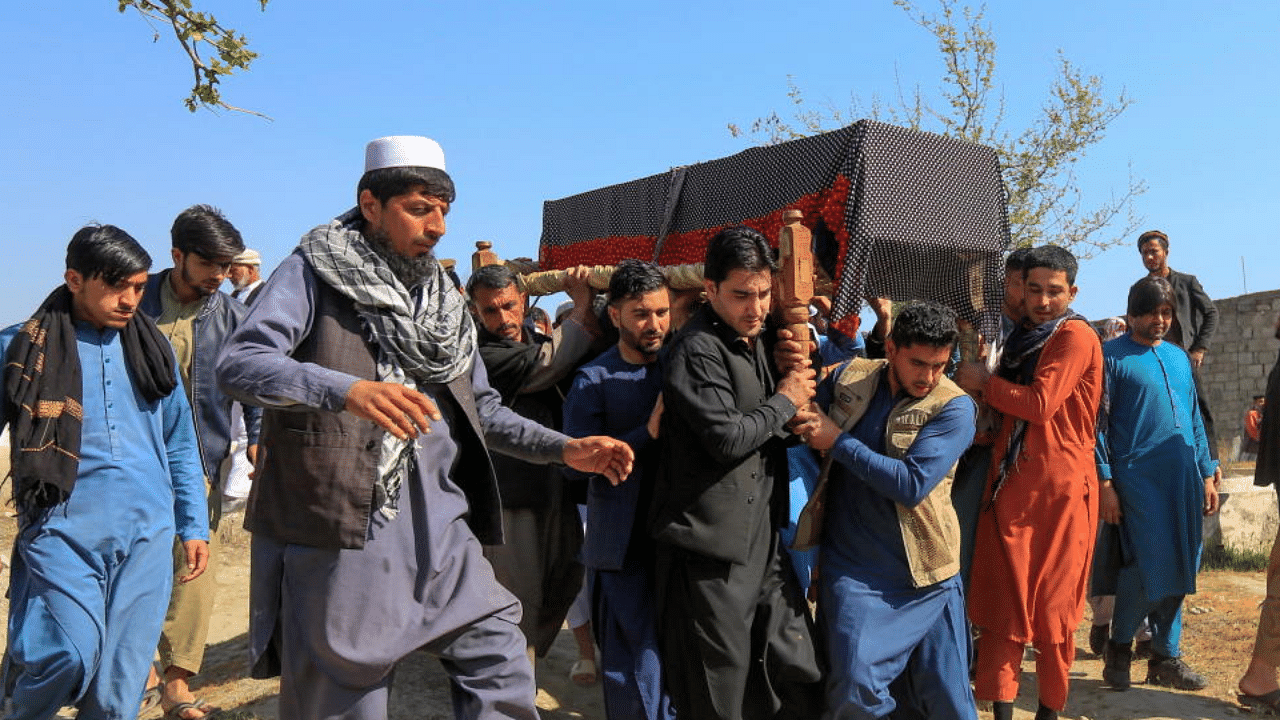 Afghan men carry the coffin of one of three female media workers who were shot and killed by unknown gunmen, in Jalalabad, Afghanistan March 3, 2021. Credit: Reuters Photo