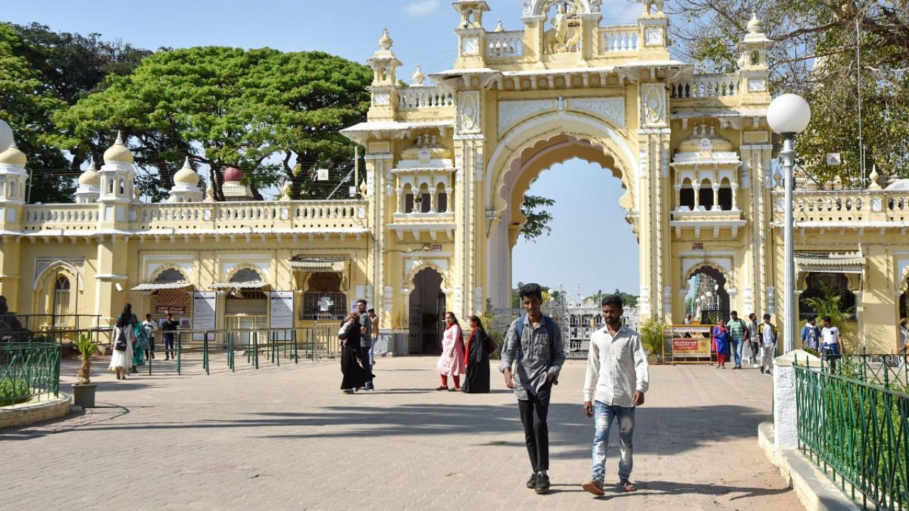 Only a few visitors are seen at Mysuru Palace in Mysuru recently. Credit: DH file photo.
