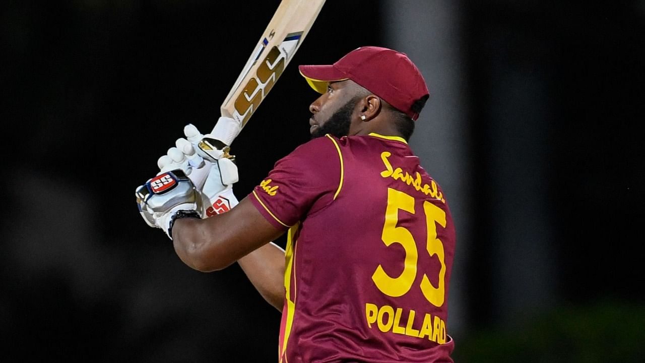 Kieron Pollard hit Sri Lanka off-spinner Akila Dhananjaya for six sixes during West Indies' 4-wicket win in the first T20. Credit: AFP Photo