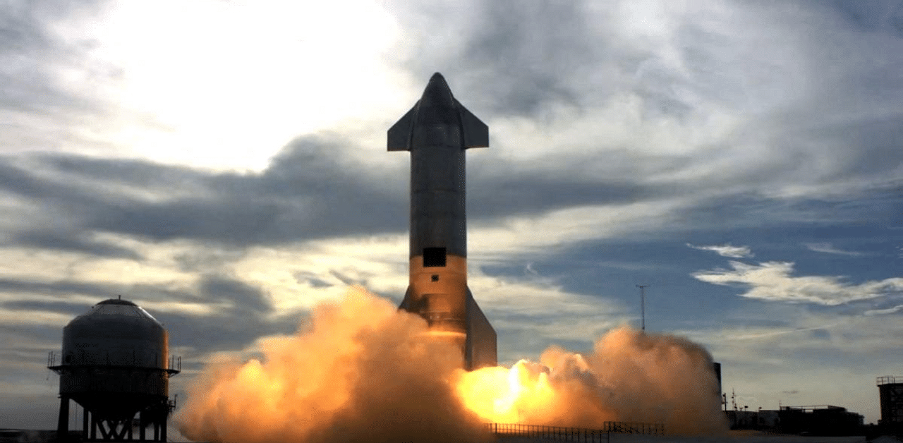 Starship SN10 prototype during the second attmpted test flight of the day at SpaceX's South Texas test facility near Boca Chica Village in Brownsville, Texas. Credit: AFP Photo