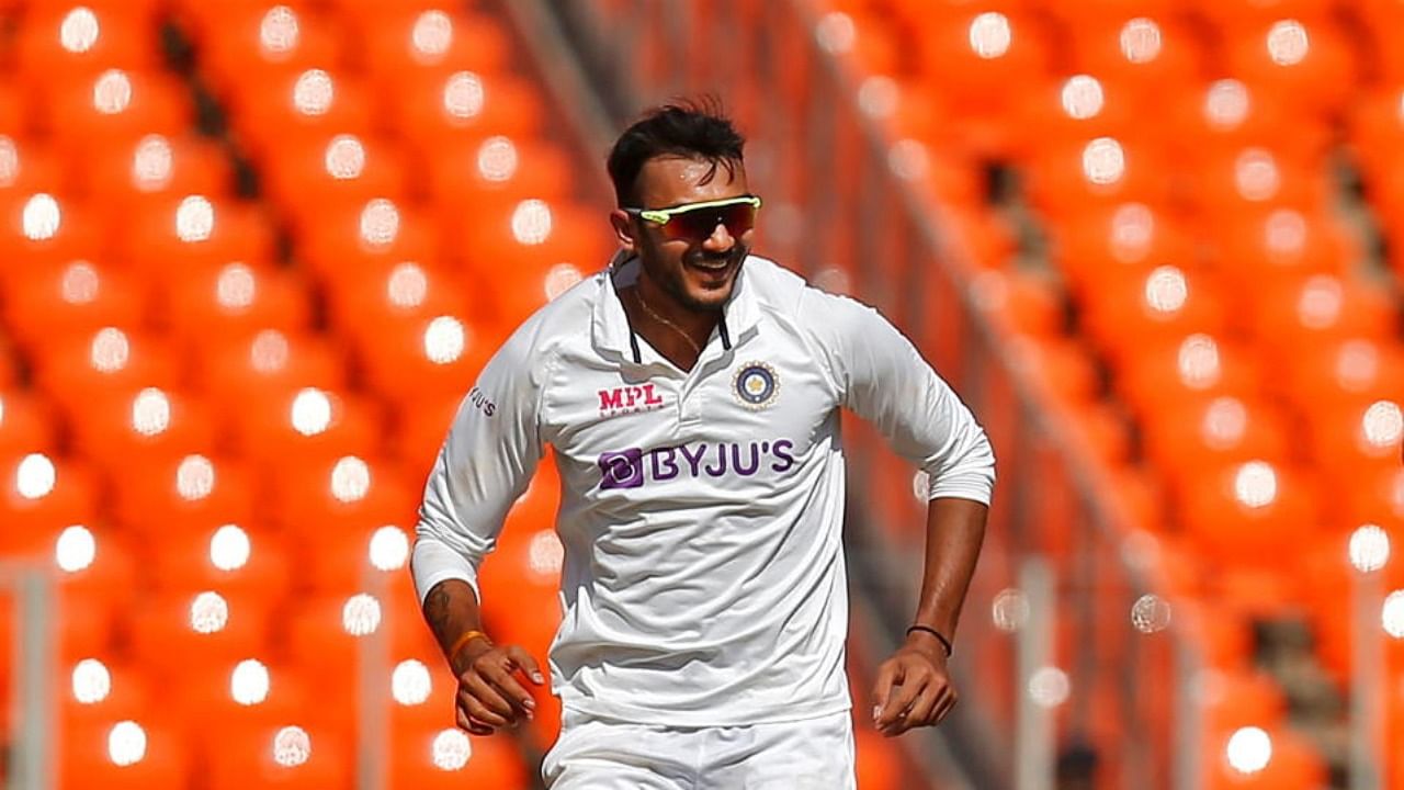 India's Axar Patel celebrates after dismissing England's Dan Lawrence on the opening day of the fourth Test in Ahmedabad on Thursday. Credit: Reuters.
