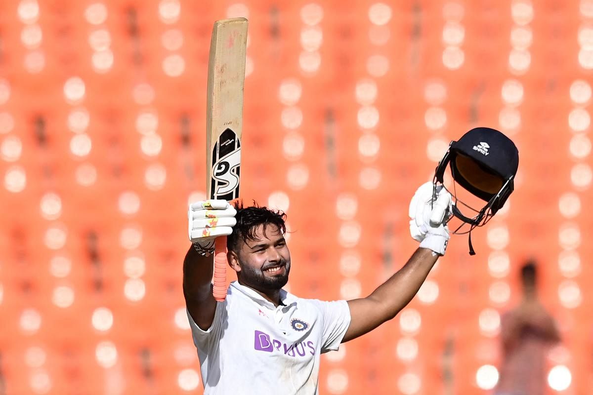 India's Rishabh Pant celebrates after scoring a century against England on Friday. AFP