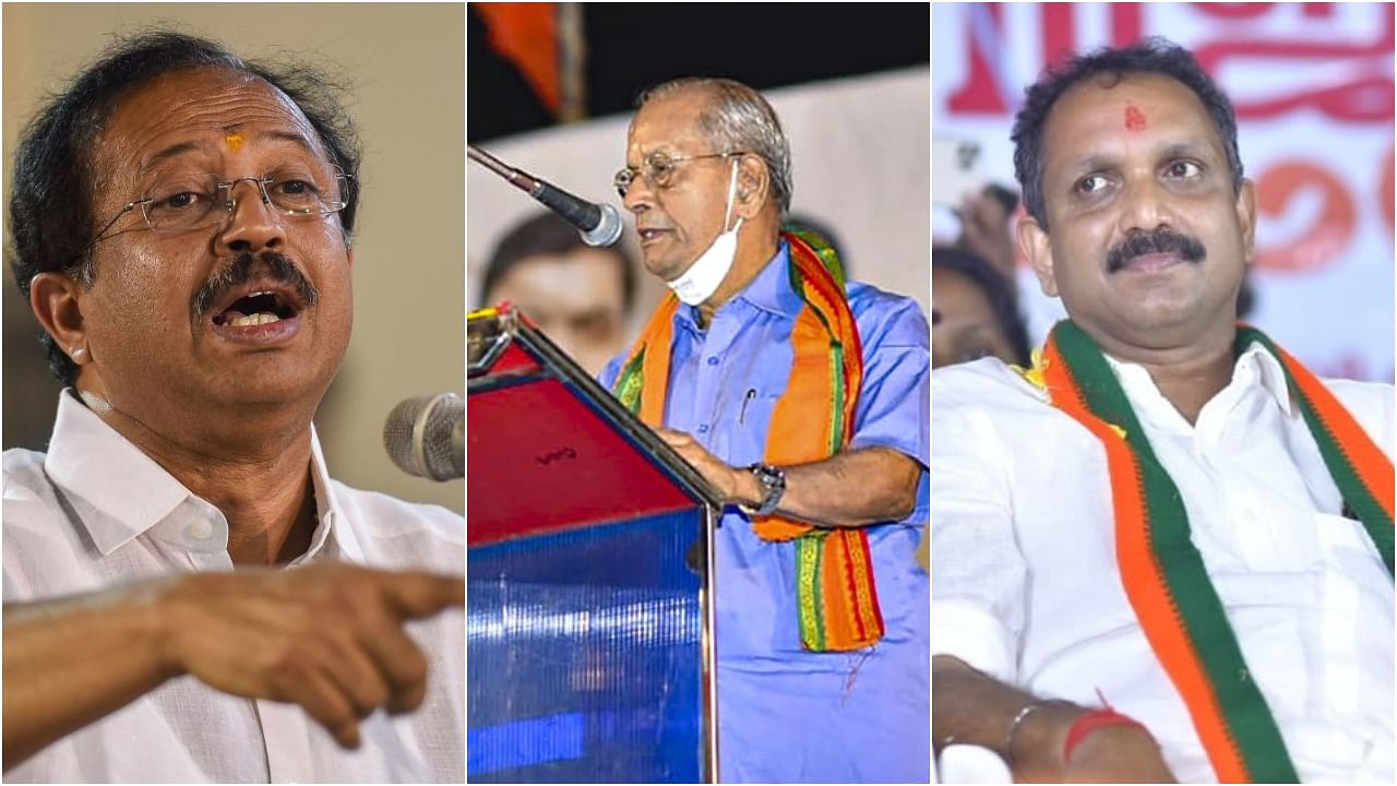 Union Minister V Muraleedharan, E Sreedharan and Kerala BJP Chief K Surendran. Credit: PTI, Facebook/BJP4keralam