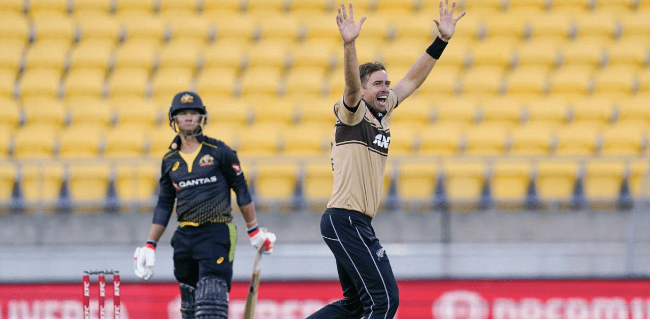 New Zealand's Tim Southee, right, appeals for the wicket of Australia's Josh Philippe during the 4th T20 cricket international match at Wellington Regional Stadium in Wellington. Credit: AP photo. 