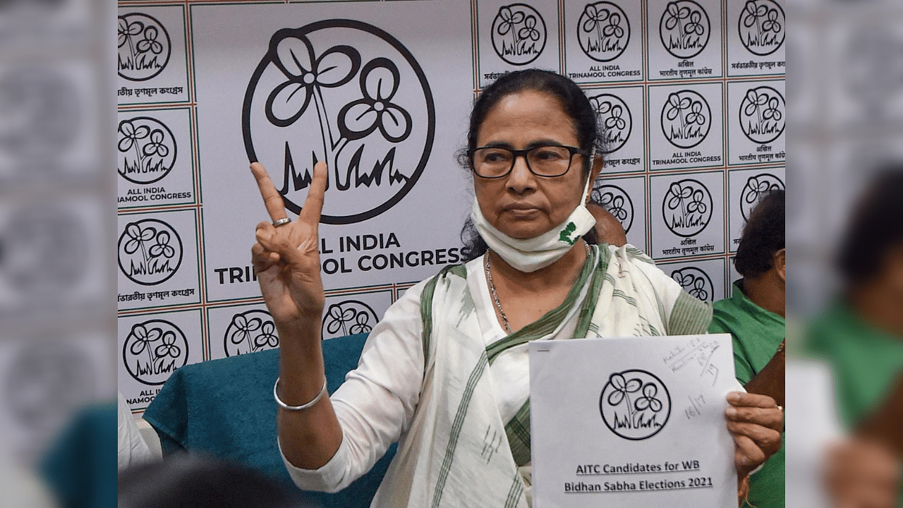 West Bengal Chief Minister and TMC Supremo Mamata Banerjee interacts with media during announcement of her party candidate list for upcoming State Assembly elections, at Kalighat in Kolkata, Friday, March 5, 2021. Credit: PTI Photo