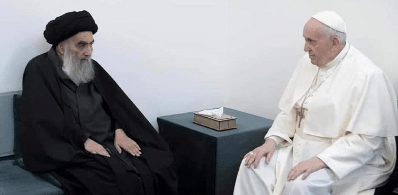 Pope Francis meets with Iraq's top Shi'ite cleric, Grand Ayatollah Ali al-Sistani, in Najaf, Iraq March 6, 2021. Credit: Reuters photo. 